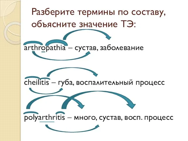 Разберите термины по составу, объясните значение ТЭ: arthropathia – сустав, заболевание cheilitis