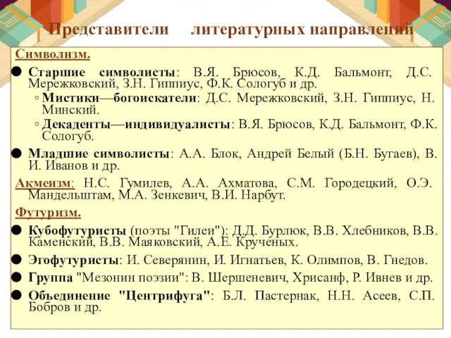 Представители литературных направлений Символизм. Старшие символисты: В.Я. Брюсов, К.Д. Бальмонт, Д.С. Мережковский,