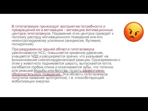 В гипоталамусе происходит восприятие потребности и превращение ее в мотивацию – активацию