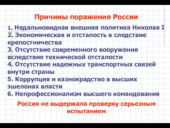 Причины поражения России 1. Недальновидная внешняя политика Николая I 2. Экономическая и