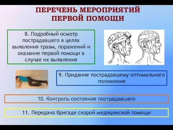 8. Подробный осмотр пострадавшего в целях выявления травм, поражений и оказание первой