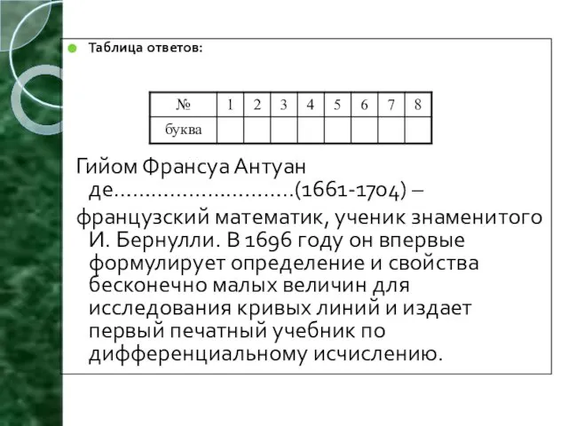 Таблица ответов: Гийом Франсуа Антуан де………………………..(1661-1704) – французский математик, ученик знаменитого И.