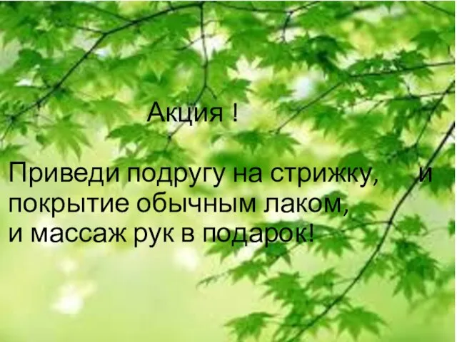 Акция ! Приведи подругу на стрижку, и покрытие обычным лаком, и массаж рук в подарок!