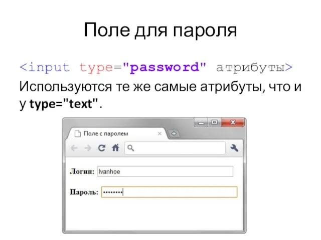 Поле для пароля Используются те же самые атрибуты, что и у type="text".