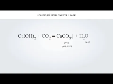 Взаимодействие щёлочи и соли Са(ОН)2 + СО2 = СаСО3↓ + Н2О соль (осадок) вода