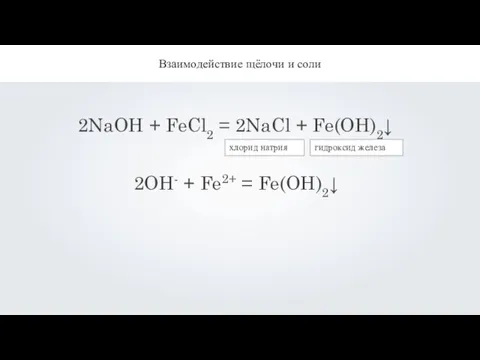 Взаимодействие щёлочи и соли 2NaOH + FeCl2 = 2NaCl + Fe(OH)2↓ хлорид