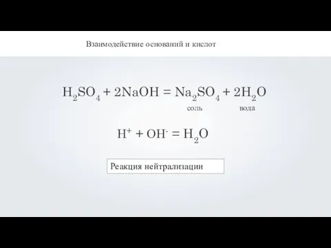 H2SO4 + 2NaOH = Na2SO4 + 2H2O Взаимодействие оснований и кислот Н+