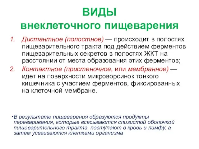 ВИДЫ внеклеточного пищеварения Дистантное (полостное) — происходит в полостях пищеварительного тракта под