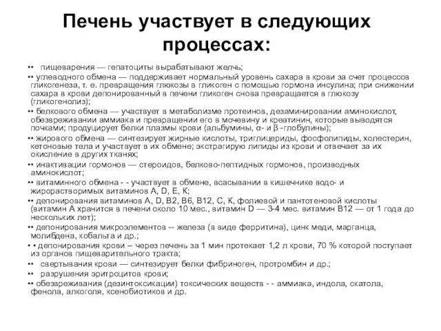 Печень участвует в следующих процессах: • пищеварения — гепатоциты вырабатывают желчь; •