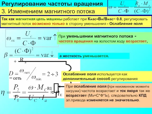 Регулирование частоты вращения 3. Изменением магнитного потока машины: Ф=var (IB=var; R1=var) При