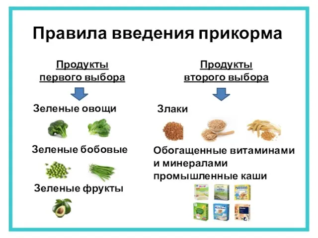 Правила введения прикорма Продукты первого выбора Продукты второго выбора Зеленые овощи Зеленые