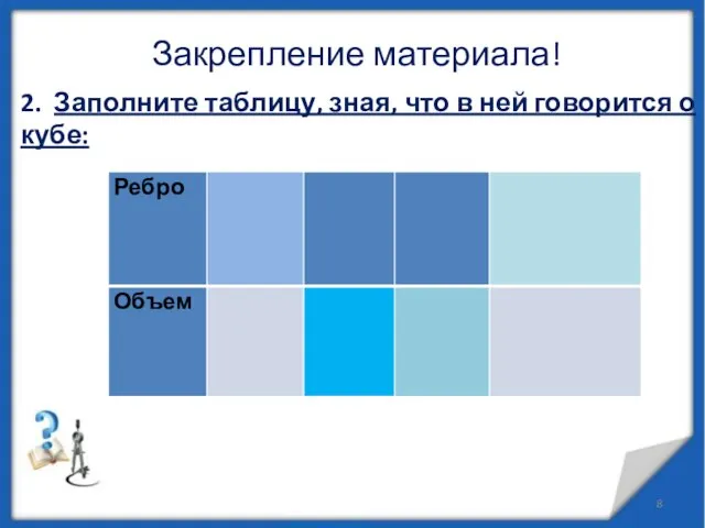 Закрепление материала! 2. Заполните таблицу, зная, что в ней говорится о кубе: