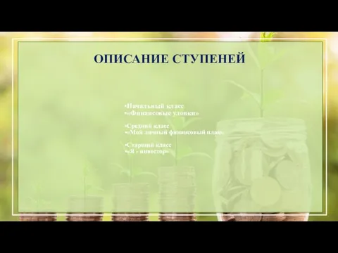 ОПИСАНИЕ СТУПЕНЕЙ Начальный класс «Финансовые уловки» Средний класс «Мой личный финансовый план»