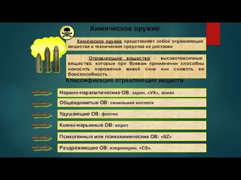 Химическое оружие представляет собой отравляющие вещества и технические средства их доставки Химическое