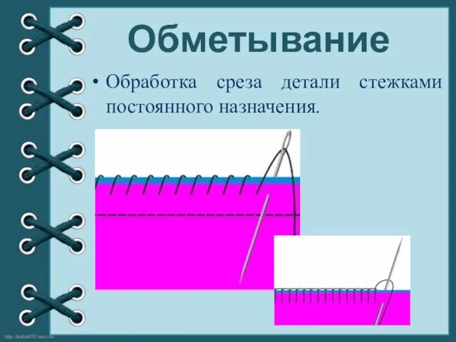 Обметывание Обработка среза детали стежками постоянного назначения.