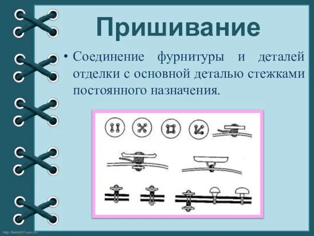 Пришивание Соединение фурнитуры и деталей отделки с основной деталью стежками постоянного назначения.