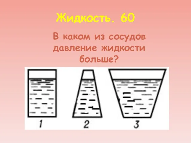 Жидкость. 60 В каком из сосудов давление жидкости больше?