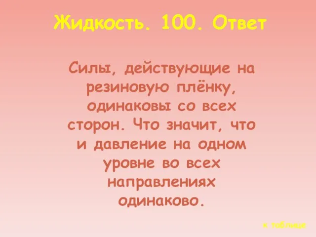 к таблице Жидкость. 100. Ответ Силы, действующие на резиновую плёнку, одинаковы со