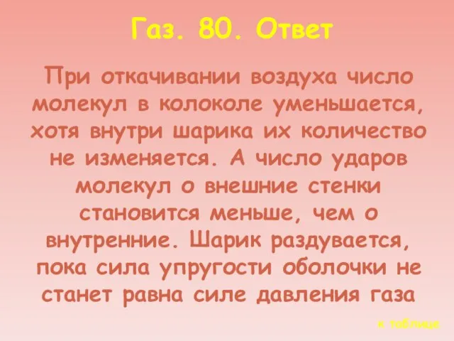 к таблице Газ. 80. Ответ При откачивании воздуха число молекул в колоколе