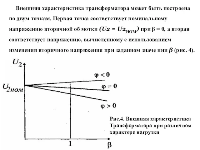 Внешняя характеристика трансформатора может быть построена по двум точкам. Первая точка соответствует