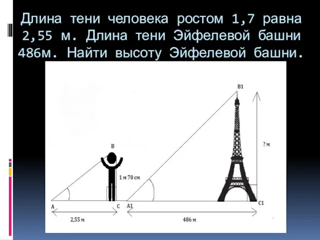 Длина тени человека ростом 1,7 равна 2,55 м. Длина тени Эйфелевой башни