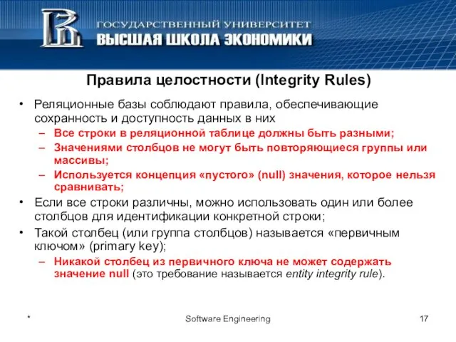 * Software Engineering Правила целостности (Integrity Rules) Реляционные базы соблюдают правила, обеспечивающие