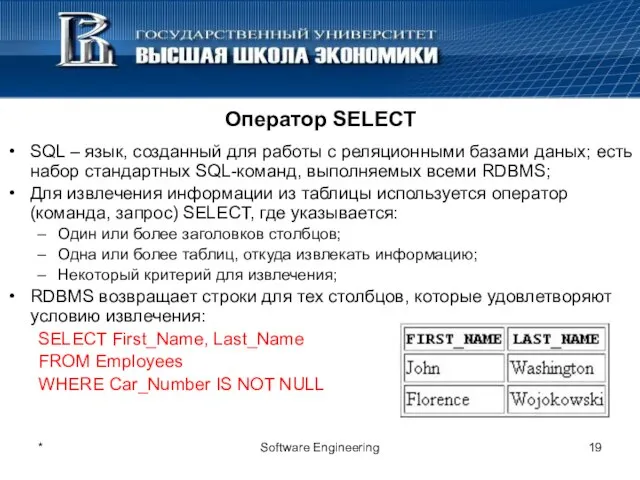 * Software Engineering Оператор SELECT SQL – язык, созданный для работы с