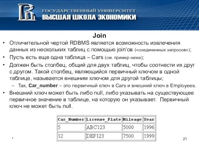 * Software Engineering Join Отличительной чертой RDBMS является возможность извлечения данных из