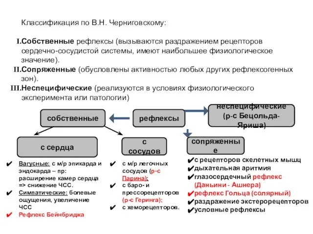 Классификация по В.Н. Черниговскому: Собственные рефлексы (вызываются раздражением рецепторов сердечно-сосудистой системы, имеют