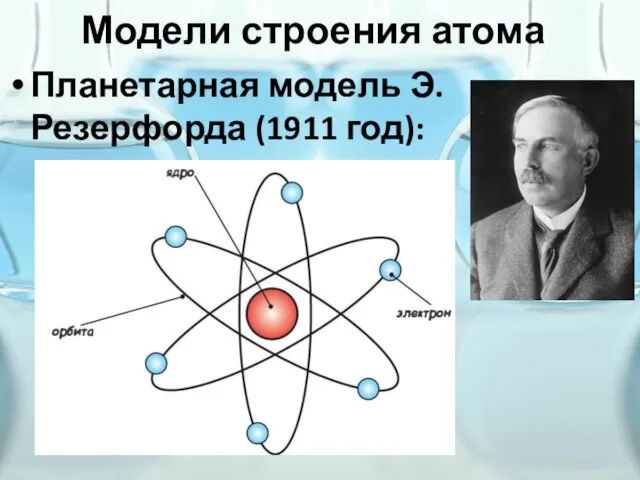 Модели строения атома Планетарная модель Э. Резерфорда (1911 год):