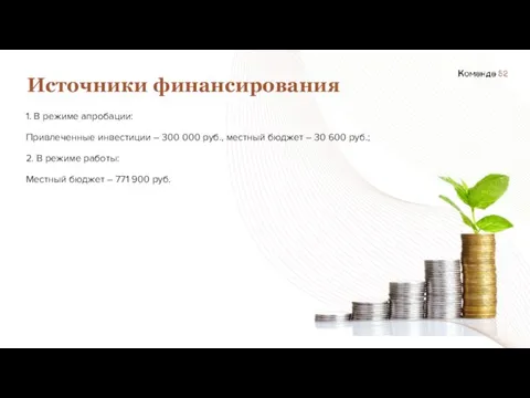 1. В режиме апробации: Привлеченные инвестиции – 300 000 руб., местный бюджет