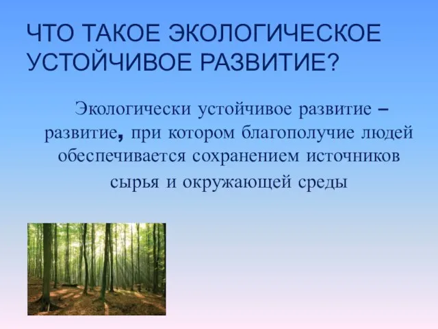 ЧТО ТАКОЕ ЭКОЛОГИЧЕСКОЕ УСТОЙЧИВОЕ РАЗВИТИЕ? Экологически устойчивое развитие – развитие, при котором