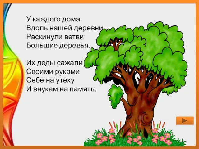 У каждого дома Вдоль нашей деревни Раскинули ветви Большие деревья. Их деды