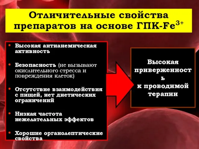 Отличительные свойства препаратов на основе ГПК-Fe3+ Высокая антианемическая активность Безопасность (не вызывают