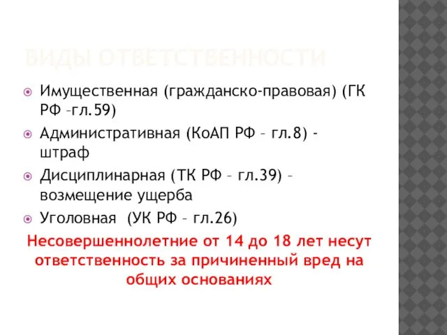 ВИДЫ ОТВЕТСТВЕННОСТИ Имущественная (гражданско-правовая) (ГК РФ –гл.59) Административная (КоАП РФ – гл.8)