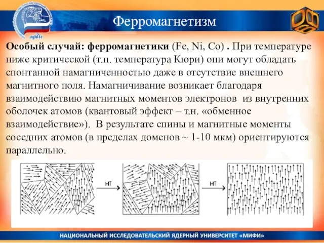 Ферромагнетизм Особый случай: ферромагнетики (Fe, Ni, Co) . При температуре ниже критической