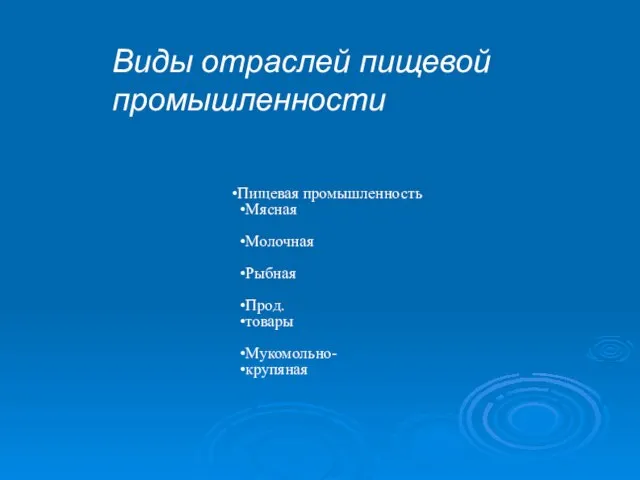 Пищевая промышленность Мясная Молочная Рыбная Прод. товары Мукомольно- крупяная Виды отраслей пищевой промышленности