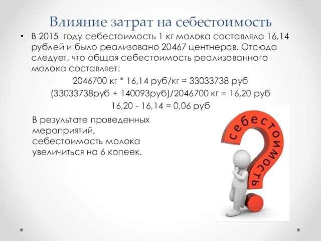 Влияние затрат на себестоимость В 2015 году себестоимость 1 кг молока составляла