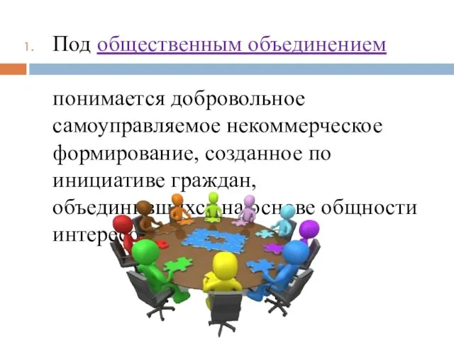 Под общественным объединением понимается добровольное самоуправляемое некоммерческое формирование, созданное по инициативе граждан,