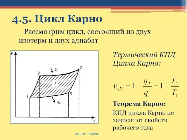 4.5. Цикл Карно Рассмотрим цикл, состоящий из двух изотерм и двух адиабат