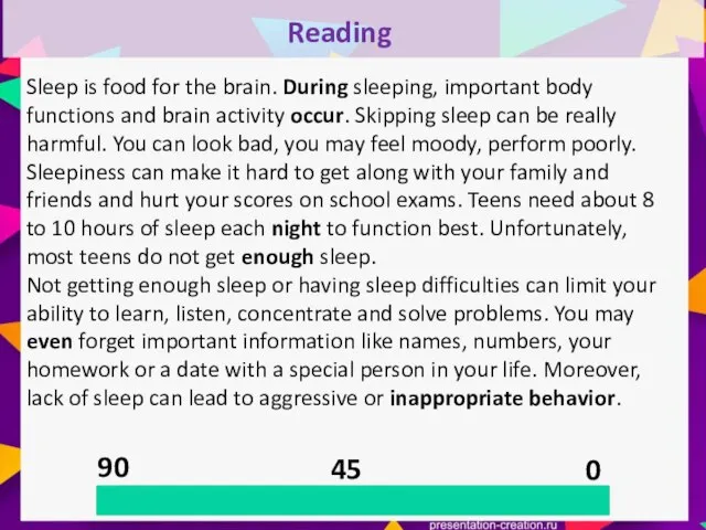 90 45 0 Reading Sleep is food for the brain. During sleeping,