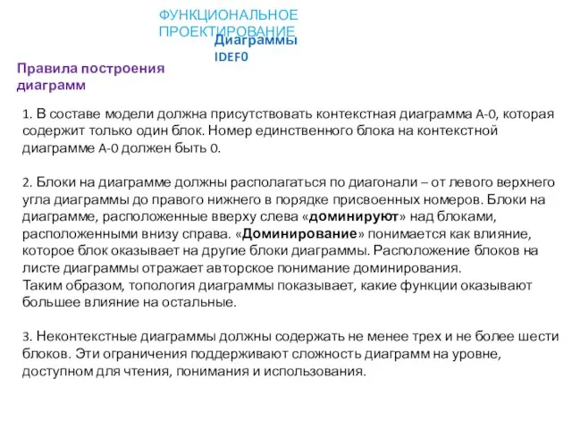 ФУНКЦИОНАЛЬНОЕ ПРОЕКТИРОВАНИЕ Диаграммы IDEF0 Правила построения диаграмм 1. В составе модели должна