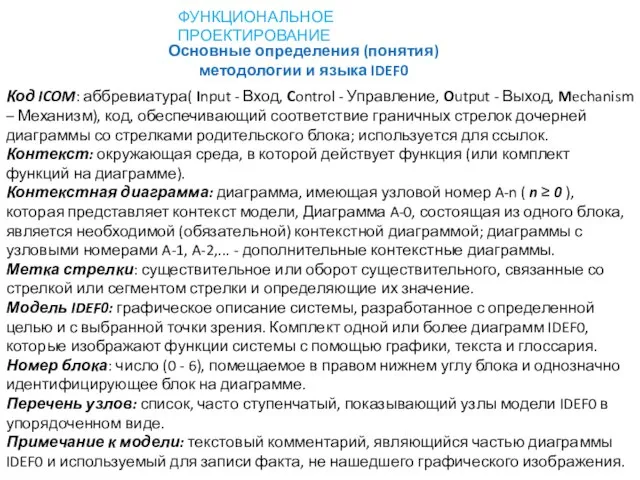 Основные определения (понятия) методологии и языка IDEF0 ФУНКЦИОНАЛЬНОЕ ПРОЕКТИРОВАНИЕ Код ICOM: аббревиатура(