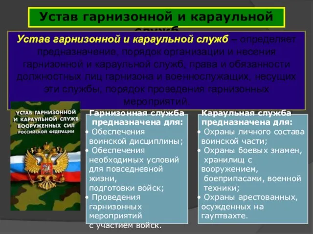 Устав гарнизонной и караульной служб Устав гарнизонной и караульной служб – определяет