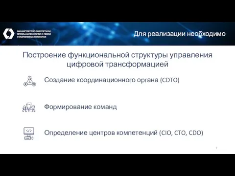 Для реализации необходимо Создание координационного органа (CDTO) Формирование команд Определение центров компетенций