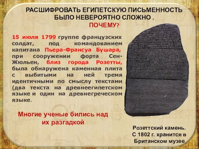 РАСШИФРОВАТЬ ЕГИПЕТСКУЮ ПИСЬМЕННОСТЬ БЫЛО НЕВЕРОЯТНО СЛОЖНО . ПОЧЕМУ? 15 июля 1799 группе