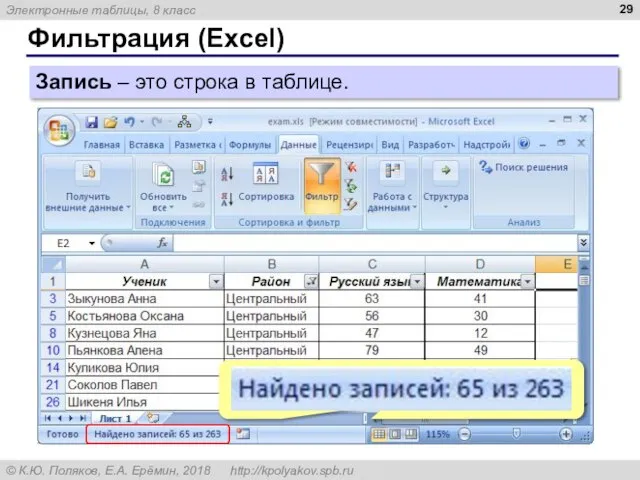 Фильтрация (Excel) Запись – это строка в таблице.