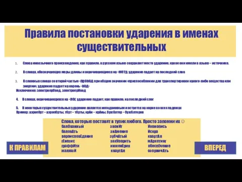 Правила постановки ударения в именах существительных Слова иноязычного происхождения, как правило, в