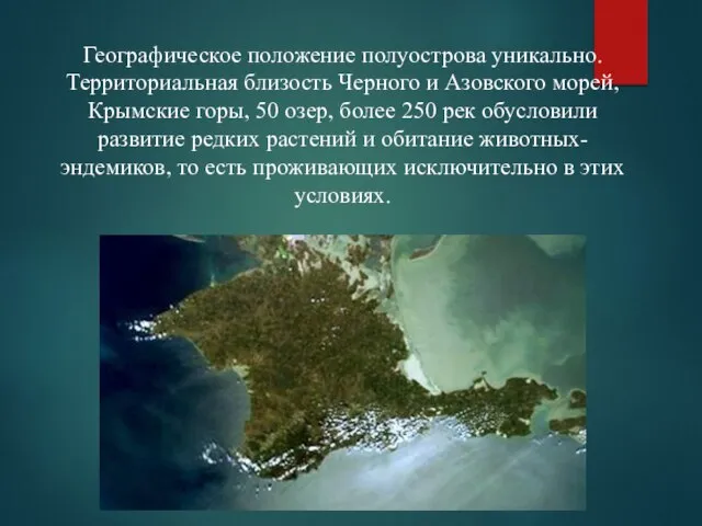 Географическое положение полуострова уникально. Территориальная близость Черного и Азовского морей, Крымские горы,