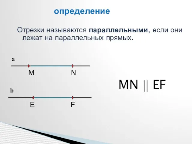 Отрезки называются параллельными, если они лежат на параллельных прямых. M N MN || EF определение F